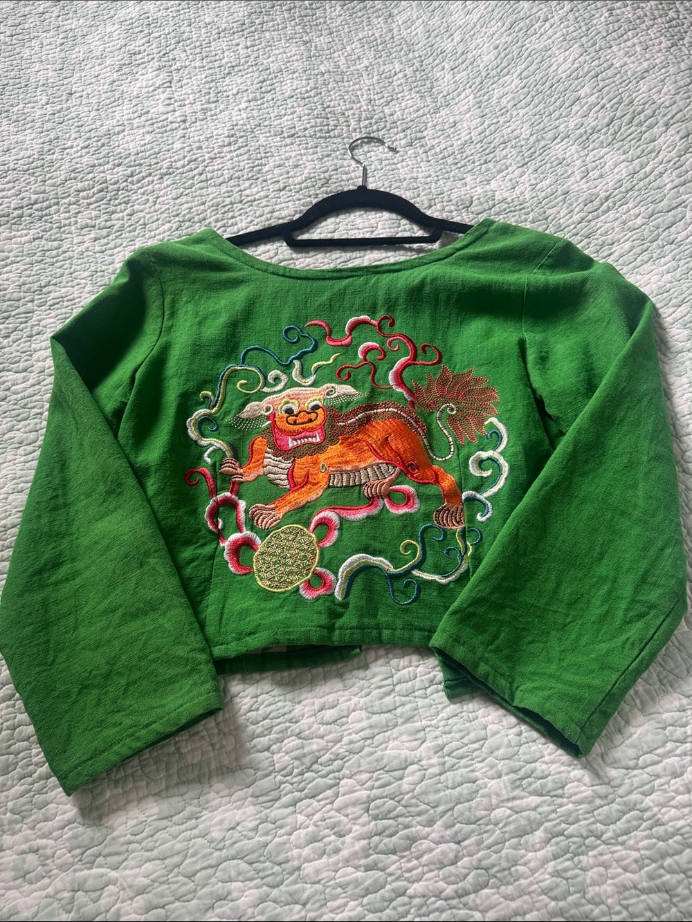 Green Embroidered Cropped Top with Mythical Lion Motif
